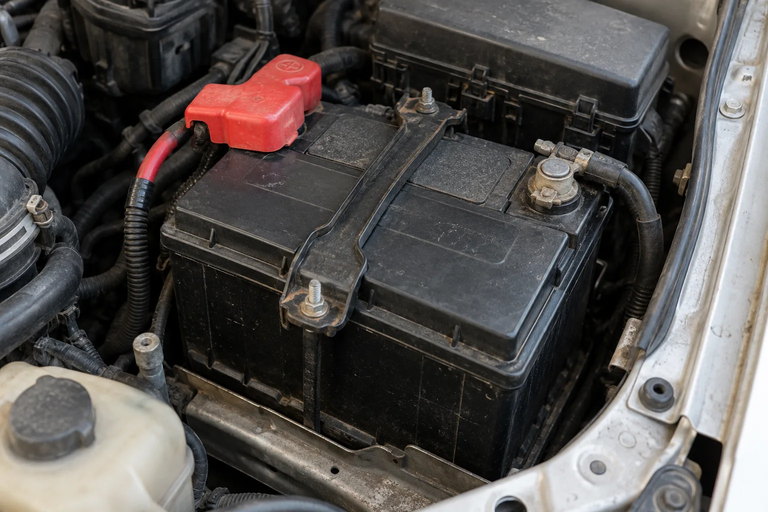 Car battery secured in its tray with a covered positive terminal and accessible side of the case