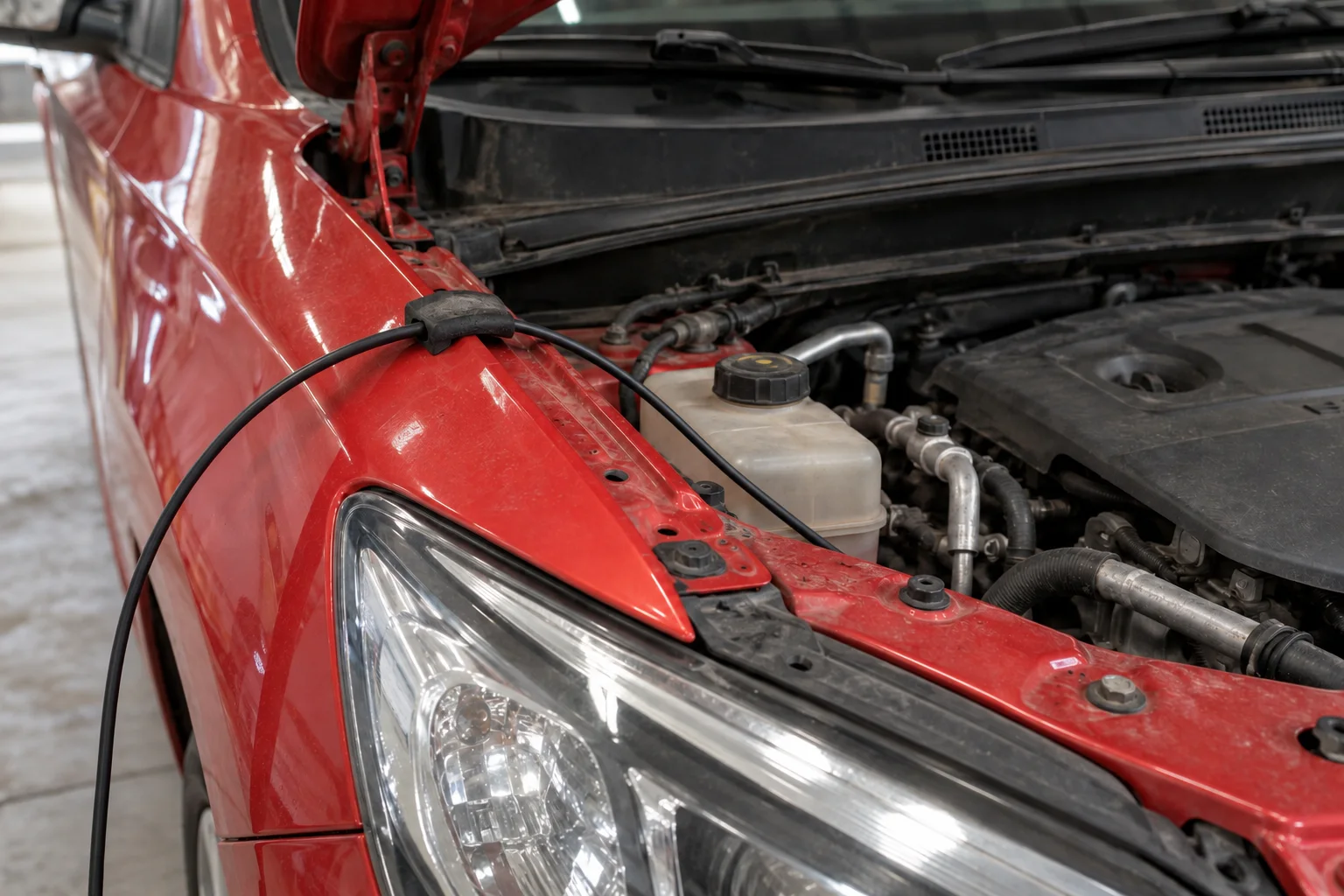Insulated charging lead routed over a padded fender edge with the hood fully raised