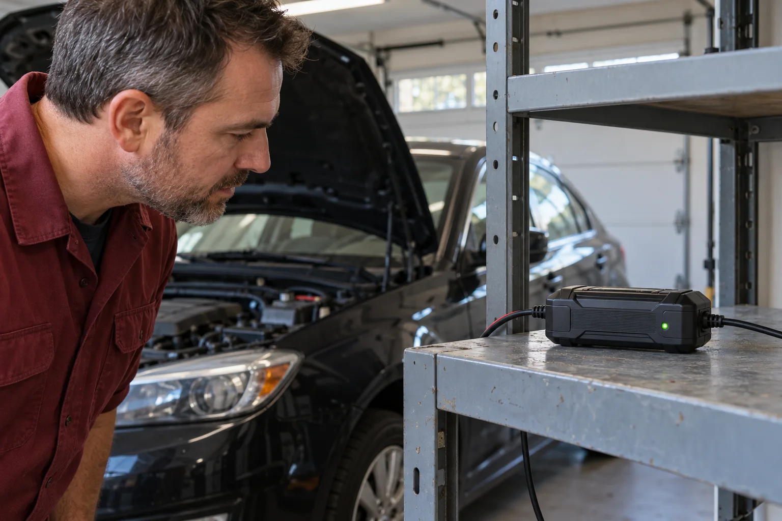 Car owner examining a compact maintainer on a metal shelf beside an open car hood