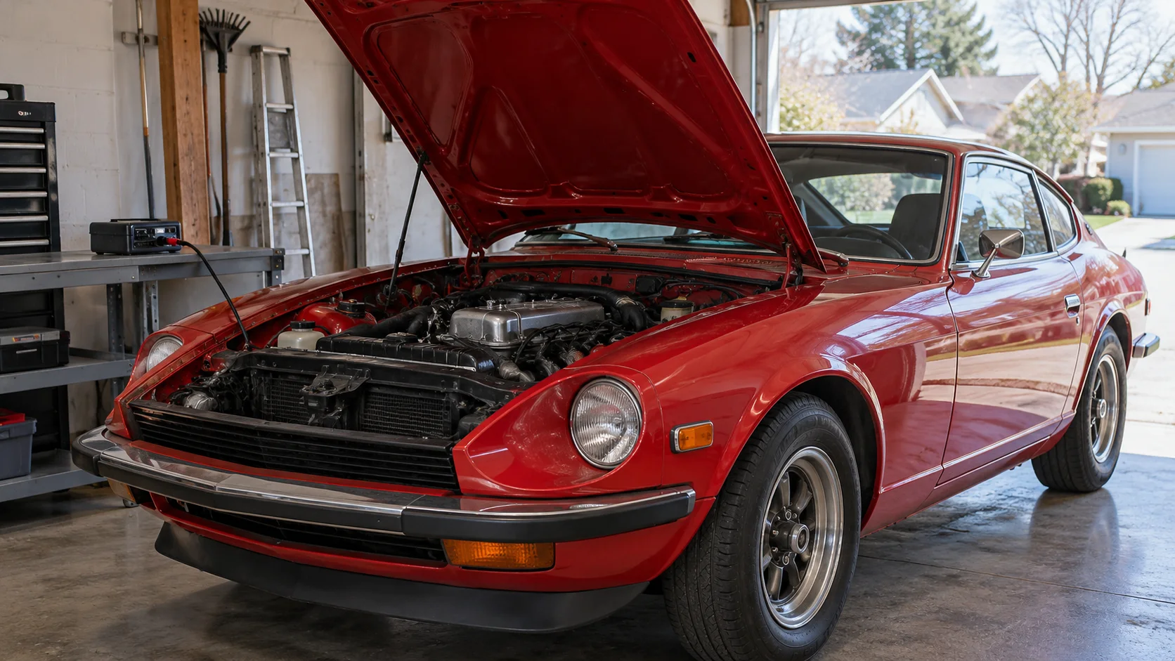 Red classic coupe with its hood raised beside a compact battery maintainer in a garage