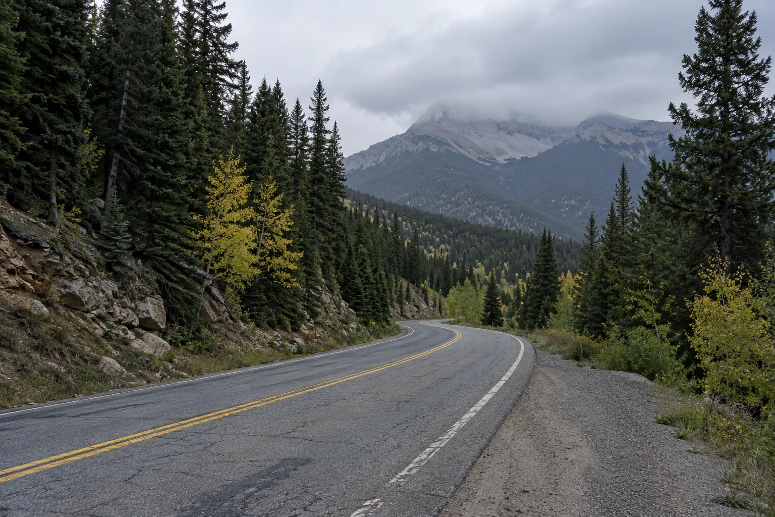 A paved mountain road curves through conifers and yellow aspens toward a ridge partly hidden by cloud