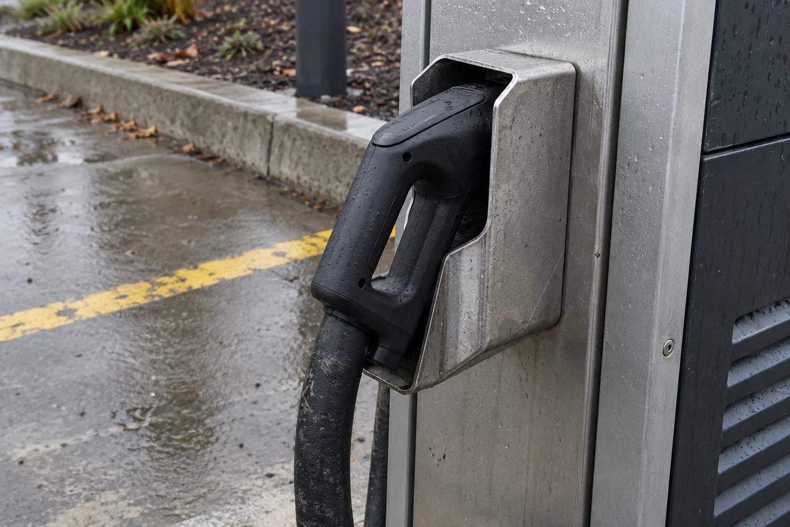 Heavy black EV fast-charging cable and connector handle resting in a brushed-aluminum side holster on an outdoor charger cabinet