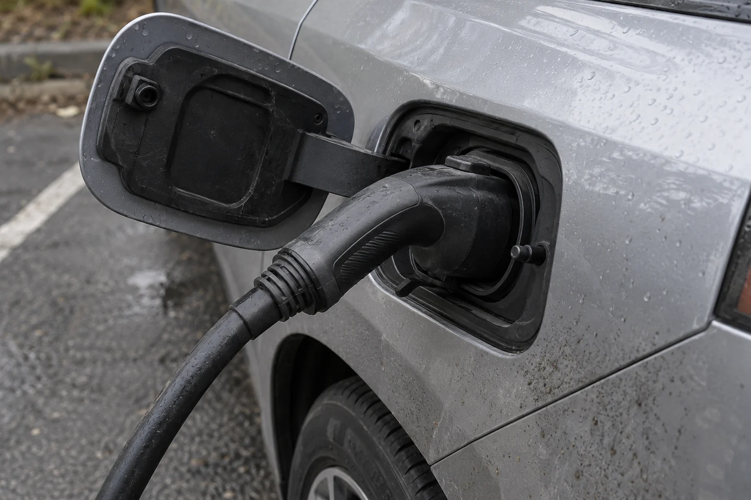 Close-up of a silver-grey electric car charge port with a heavy black DC fast-charging connector firmly plugged in