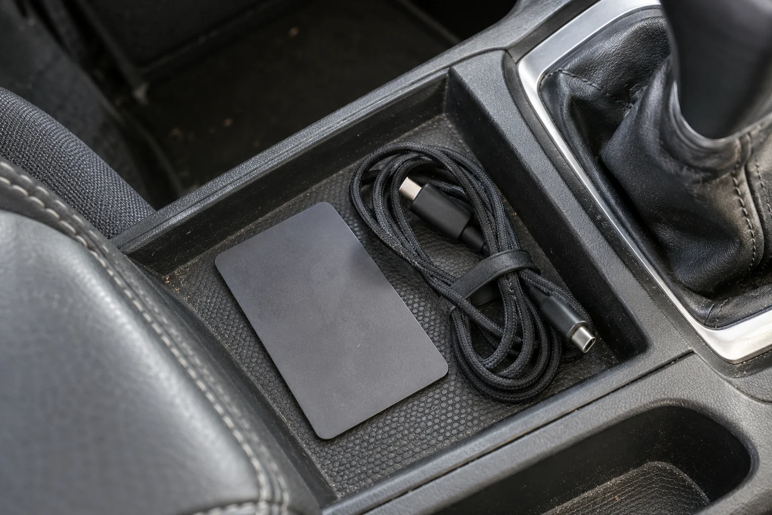 Unbranded matte-charcoal RFID keycard and coiled black braided USB-C cable resting in an automotive center console tray