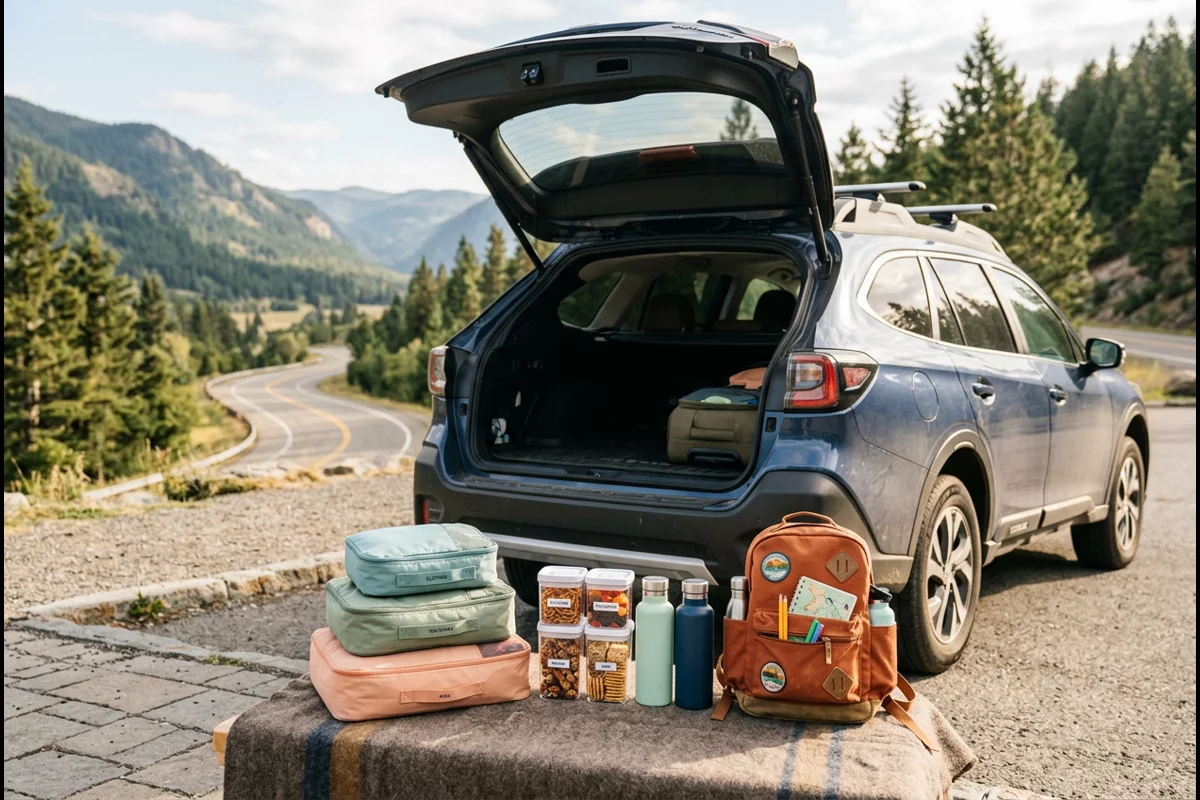 Organized cabin travel bags, color-coded passenger pouches, and hydration gear packed for an eyes-up, low-signal highway road trip