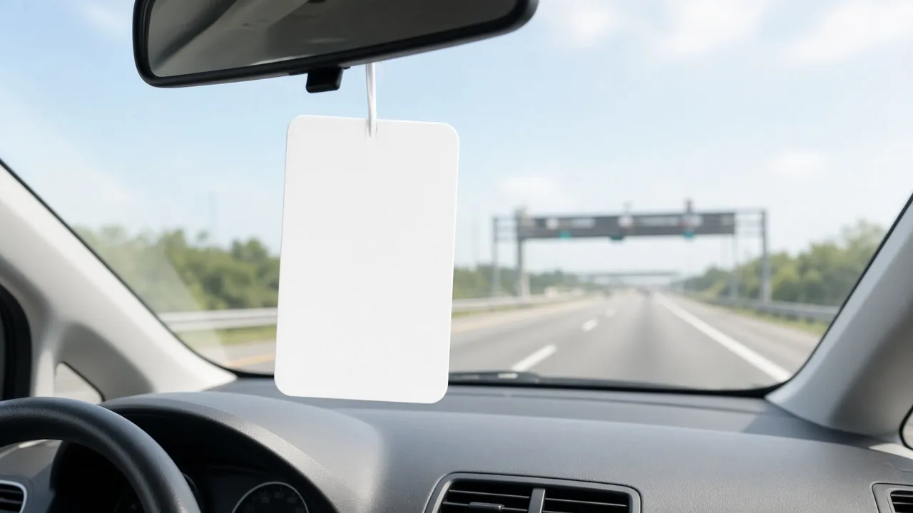 Blank white hangtag on a car rearview mirror, with a blurred toll gantry on the highway ahead