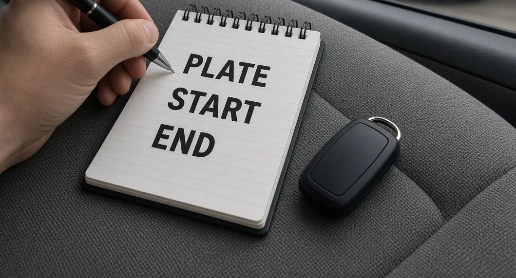 Hand writing plate, start, and end on a notepad beside an unbranded rental key