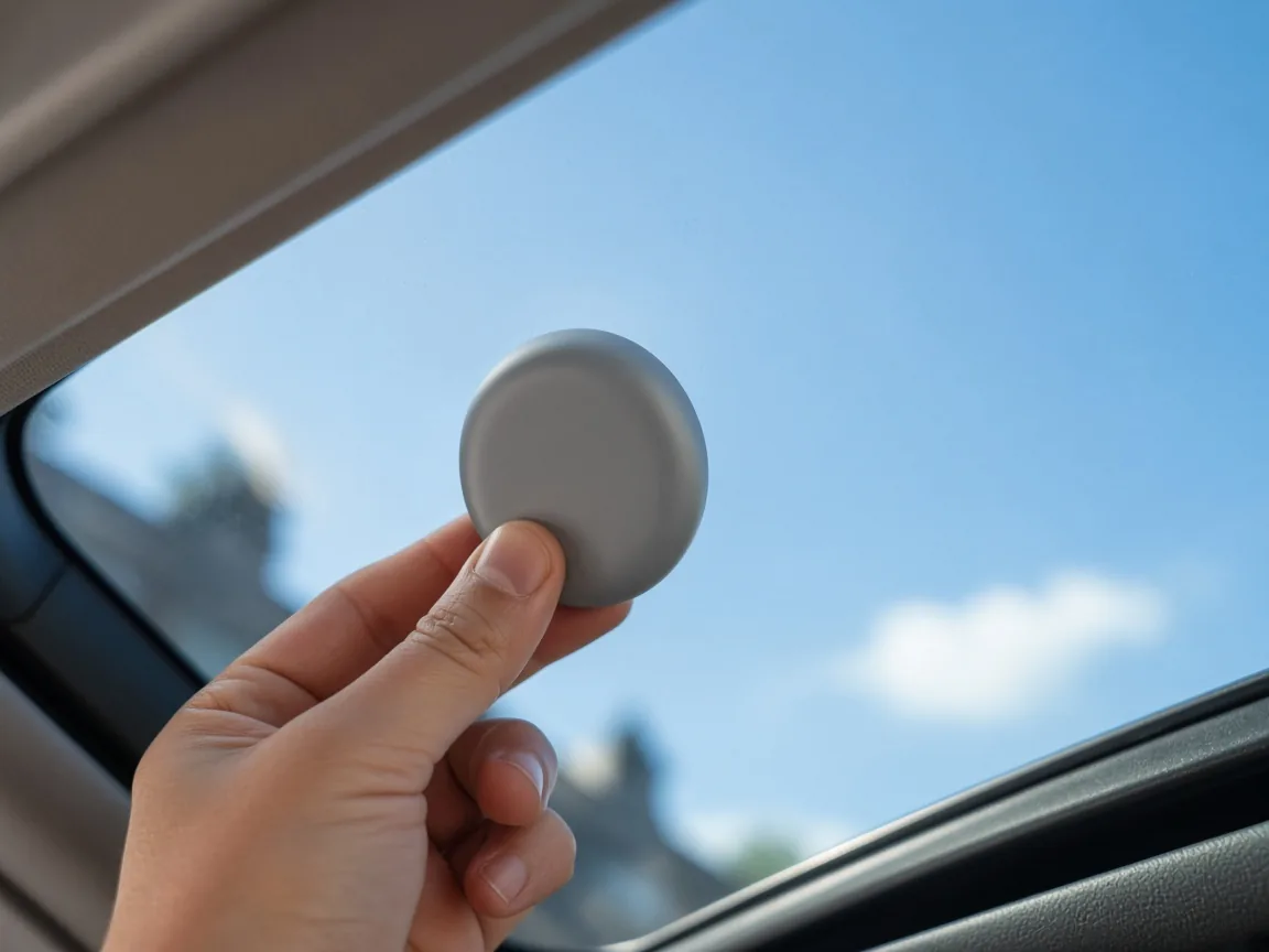 Hand holding a plain gray transponder removed from a car windshield