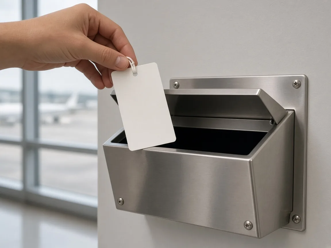 Hand holding a blank hangtag above a metal airport drop box