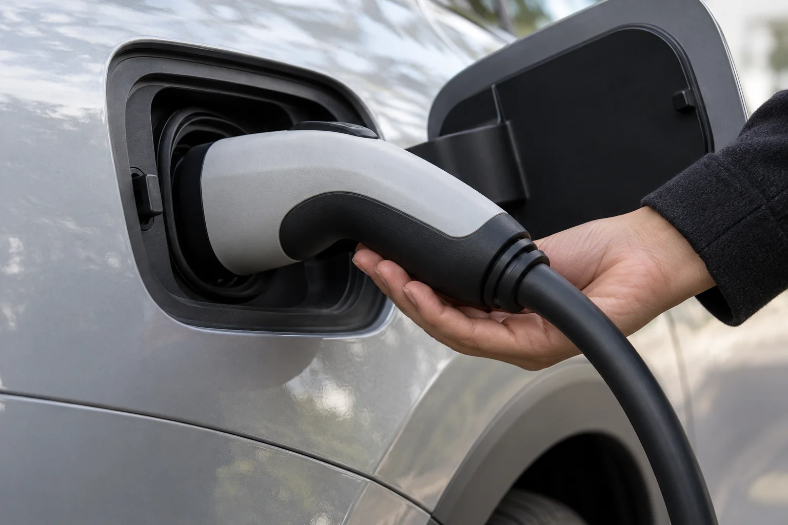 Hand supporting a connector seated in a silver car’s charge port, with the cable curving downward