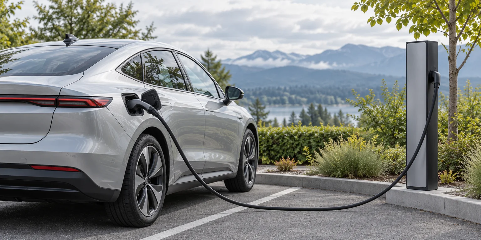 Silver car beside a charging pedestal in a landscaped parking area
