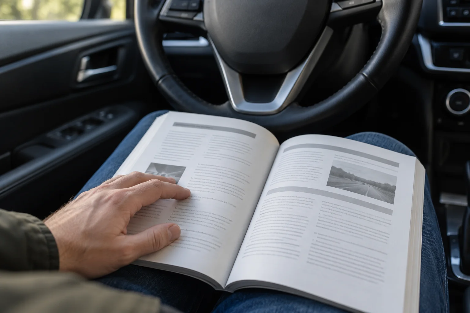 Open vehicle handbook on a driver’s lap inside a parked car