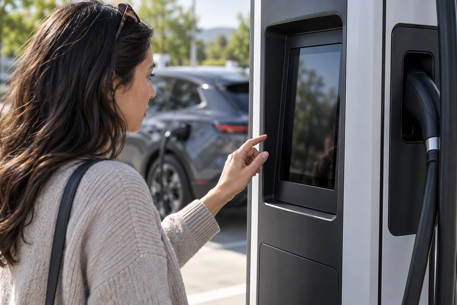 Driver looking at the recessed screen of a public charging pedestal