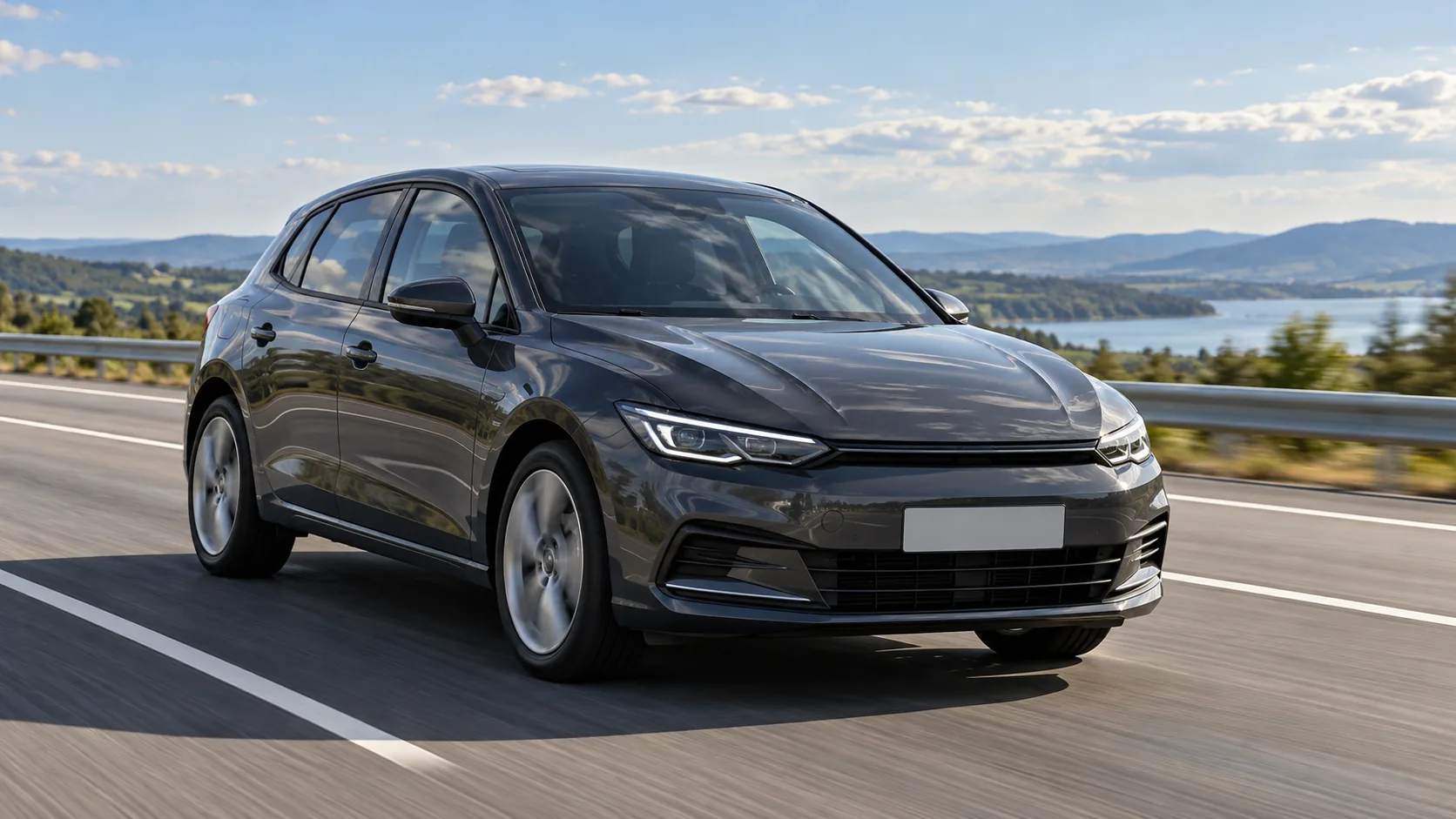 An unbadged dark hatchback on a daylight highway