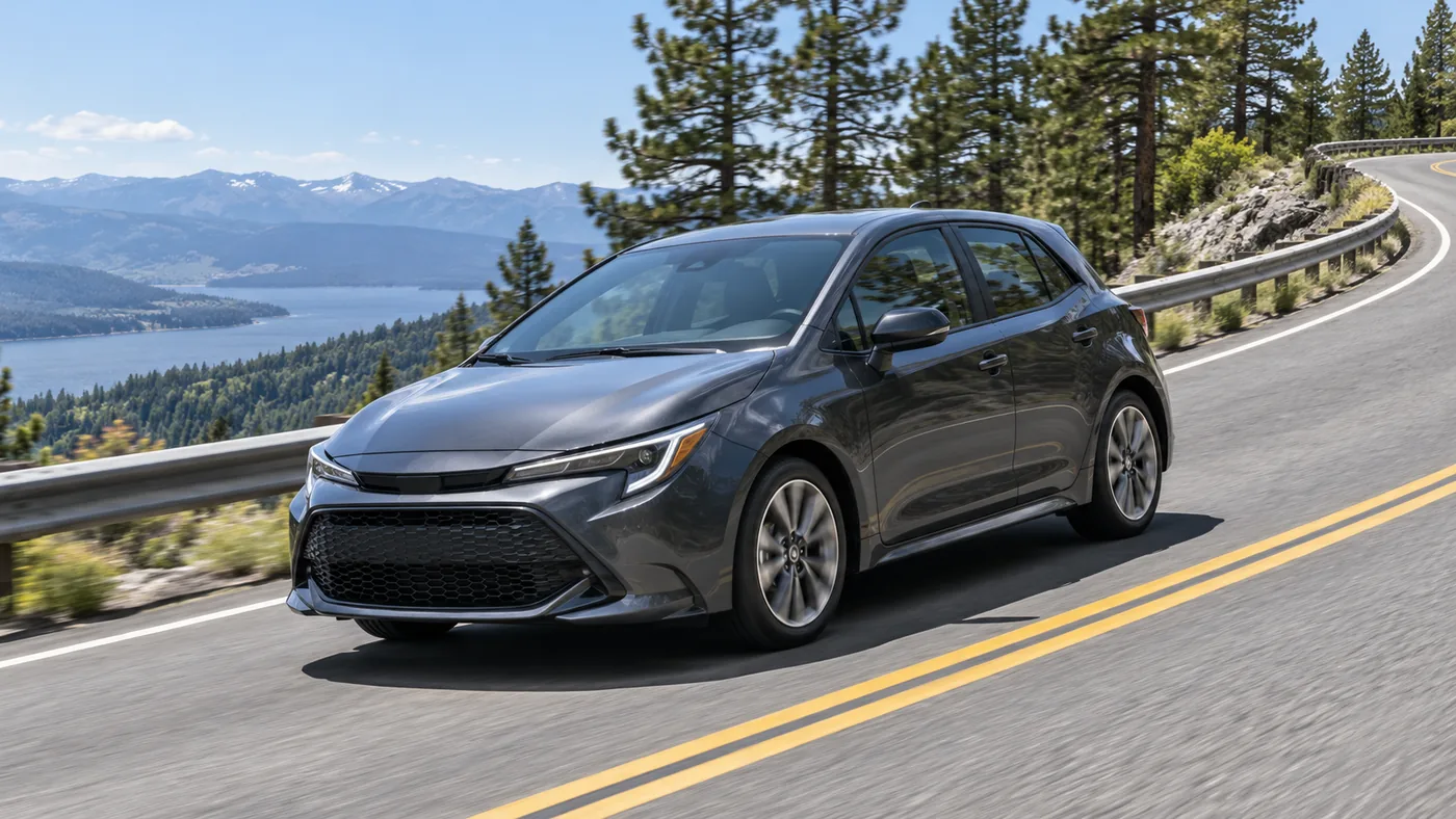 An unbadged dark hatchback on an uphill mountain road