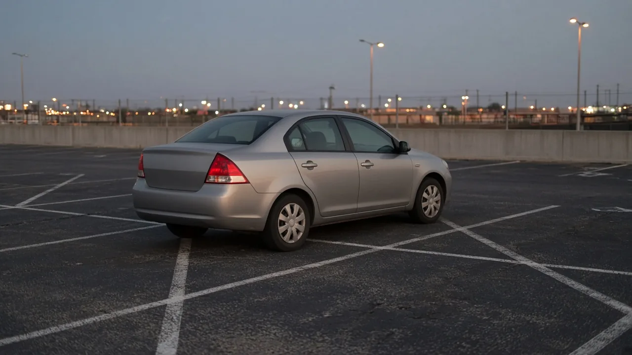 A silver sedan parked alone in an empty marked stall at dusk