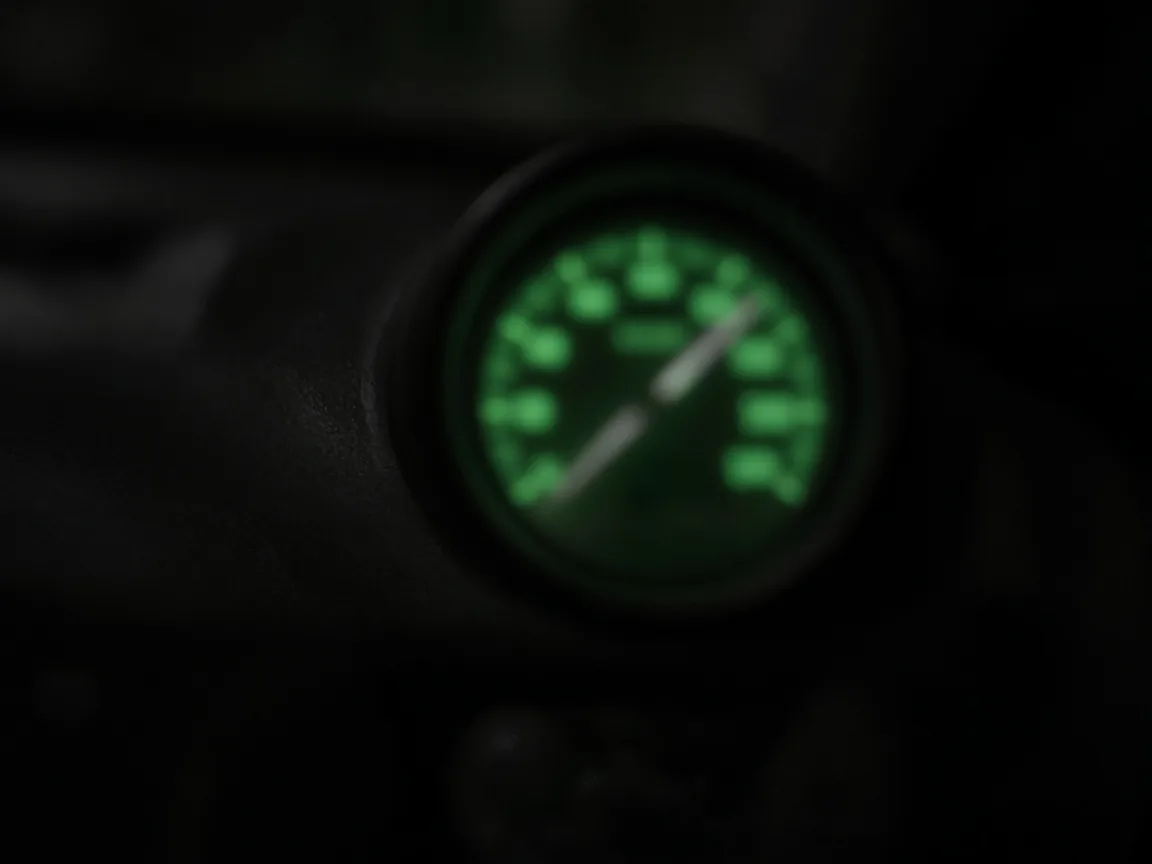 A round gauge glowing green on a dark dashboard