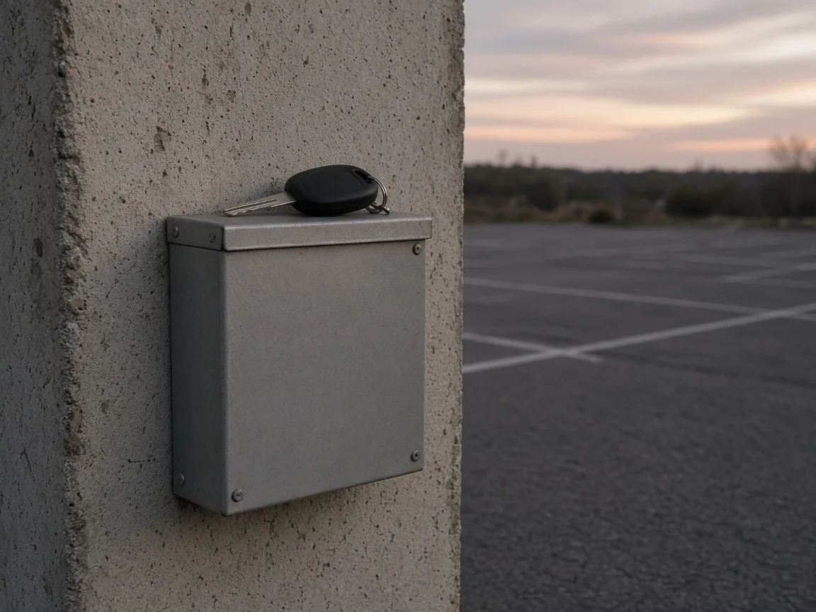A car key lying on the lid of a plain metal box