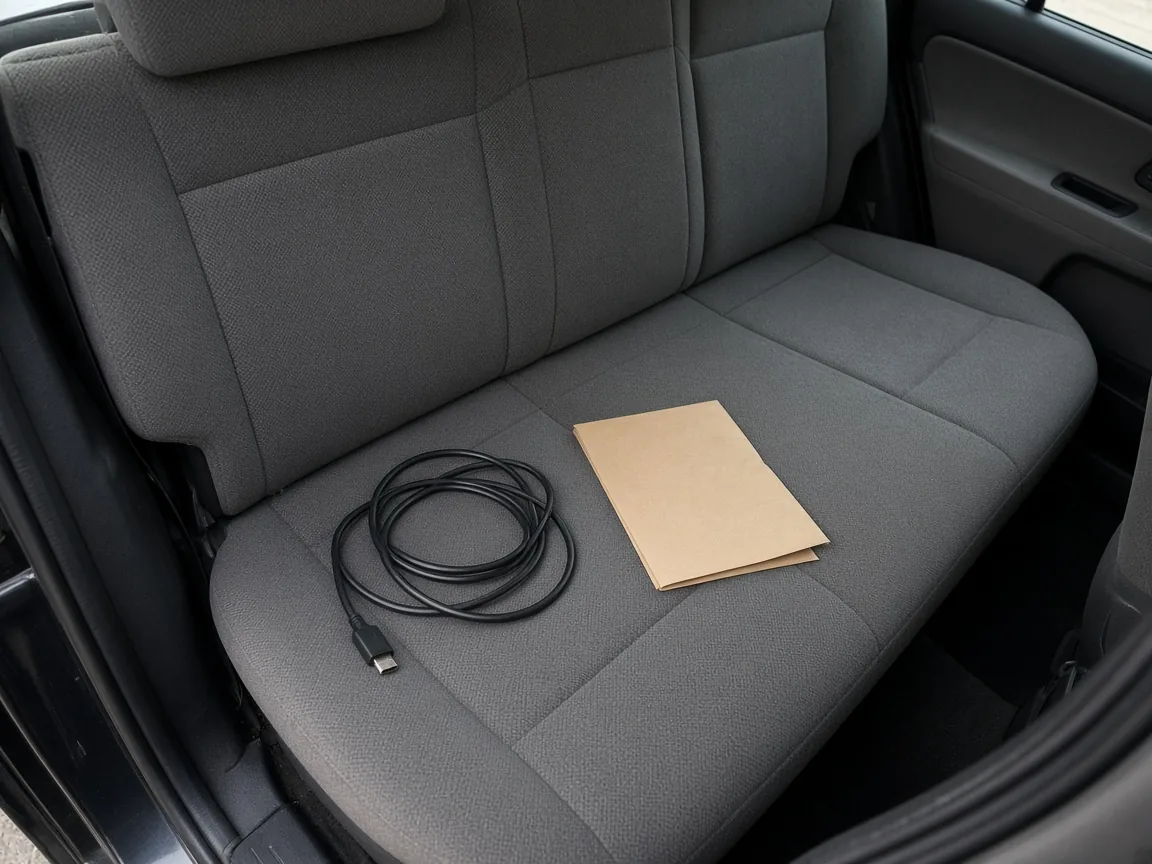 A coiled cable and a blank card on an empty gray rear seat
