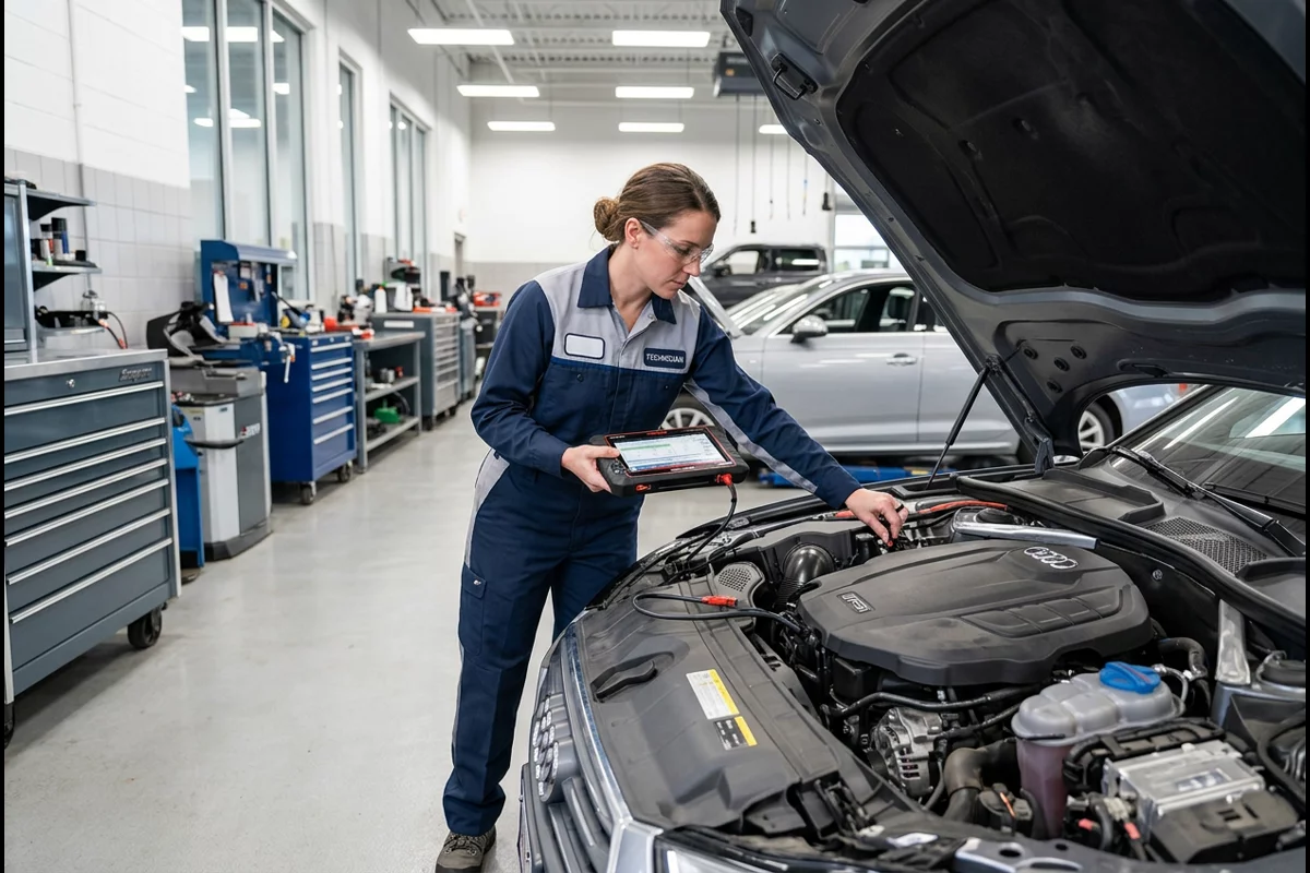 Automotive service technician inspecting under-hood fluid reservoirs, battery terminals, and cooling hoses before a highway road trip