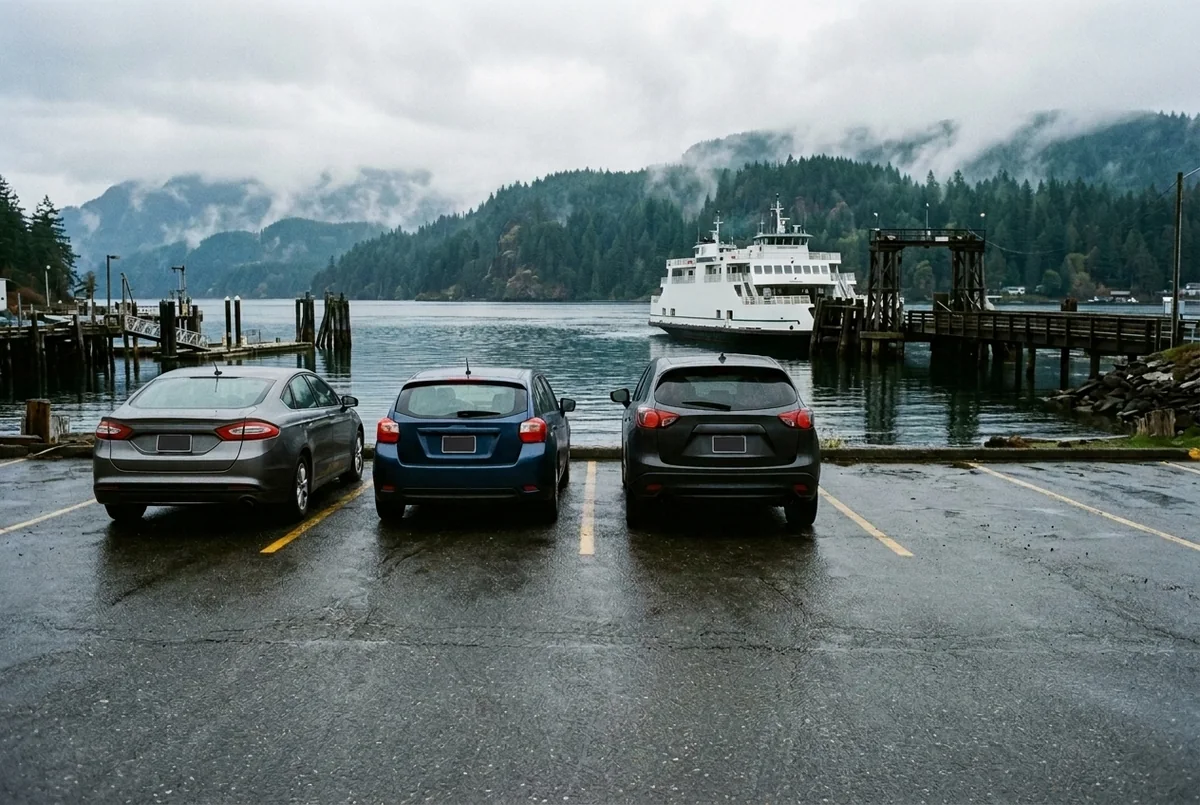 Cars waiting in painted waterfront lanes with a white ferry beyond