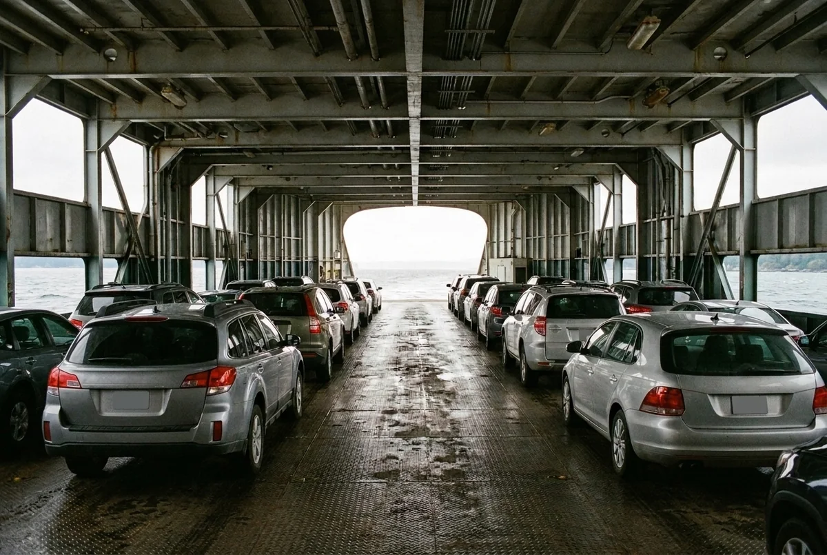 Parked cars in parallel lanes beneath the steel beams of a ferry vehicle deck