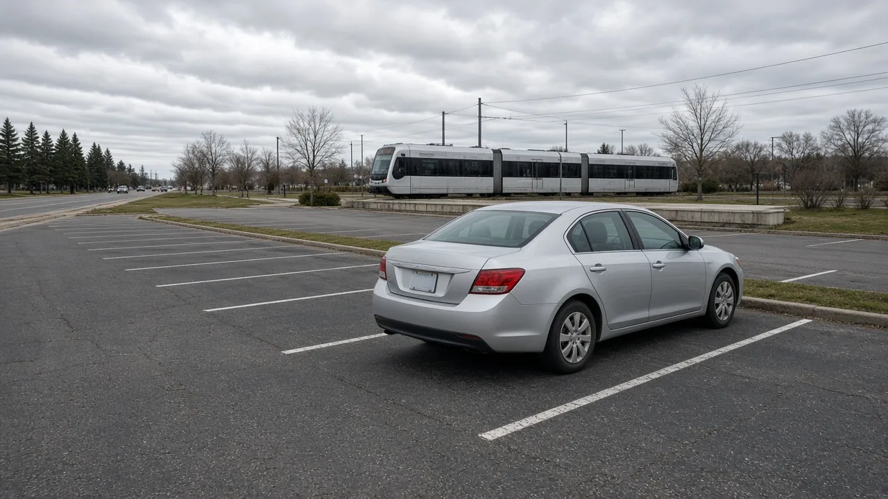 A silver sedan in an empty asphalt stall, with a plain rail car beyond the lot
