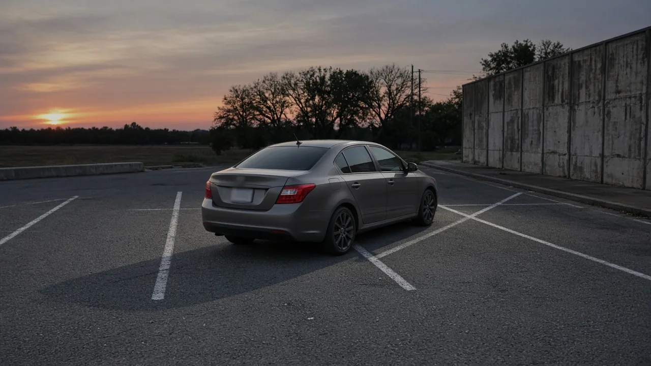 A gray sedan still parked in an outdoor stall at dusk