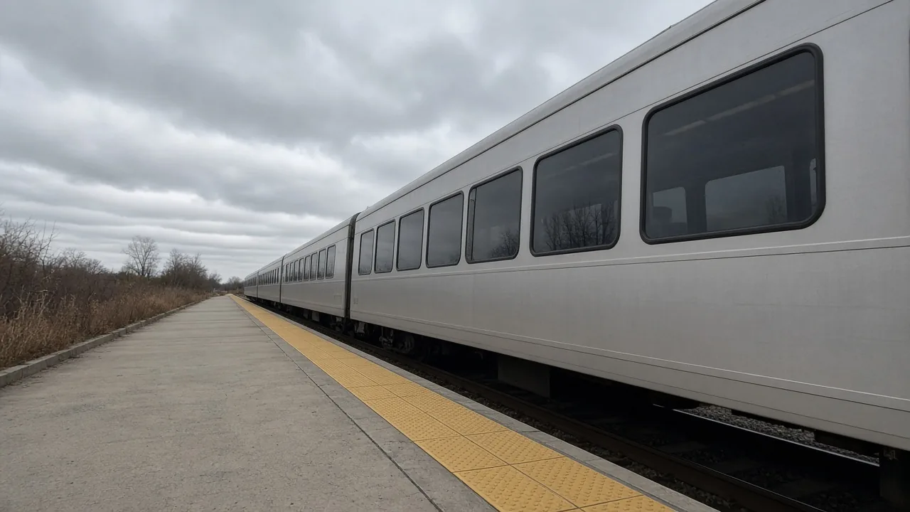 A silver rail car beside an empty concrete platform and a yellow strip