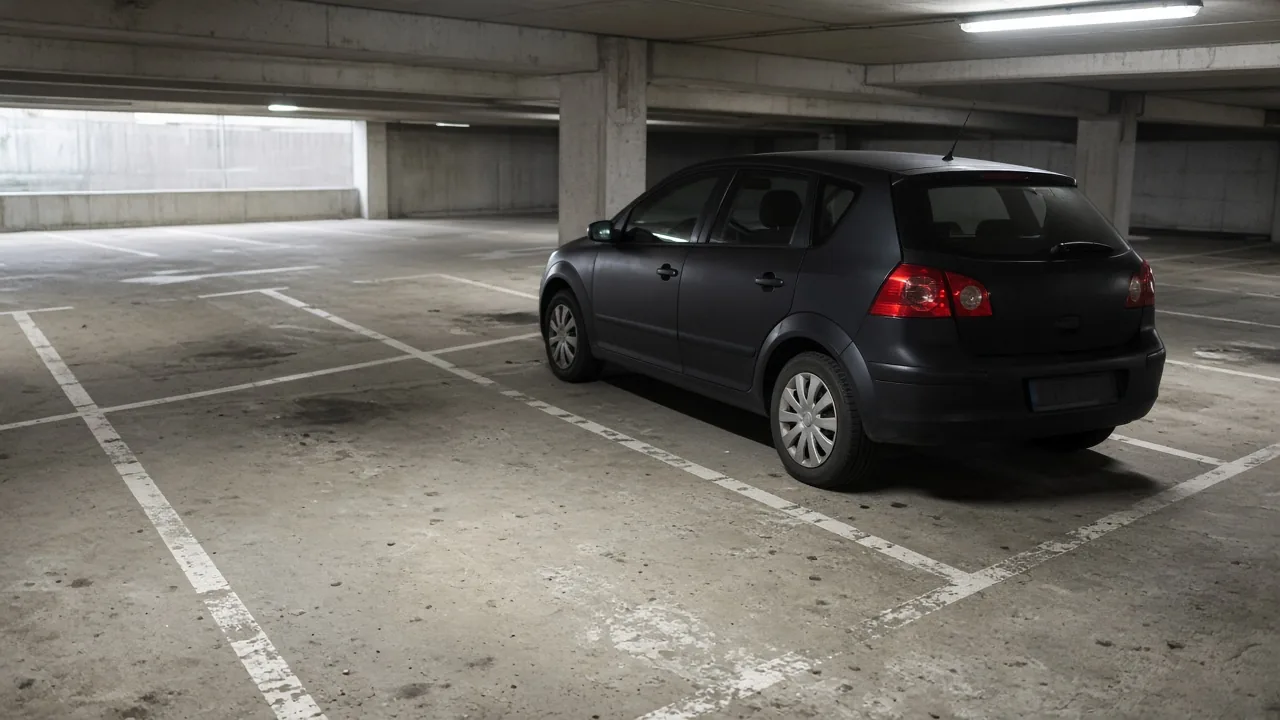 A dark hatchback in a marked stall inside a concrete garage