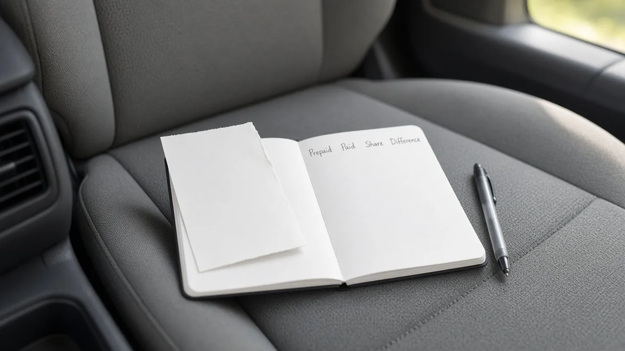 Illustration of a blank receipt slip and an open notebook on a car seat, with empty Prepaid, Paid, Share, and Difference columns