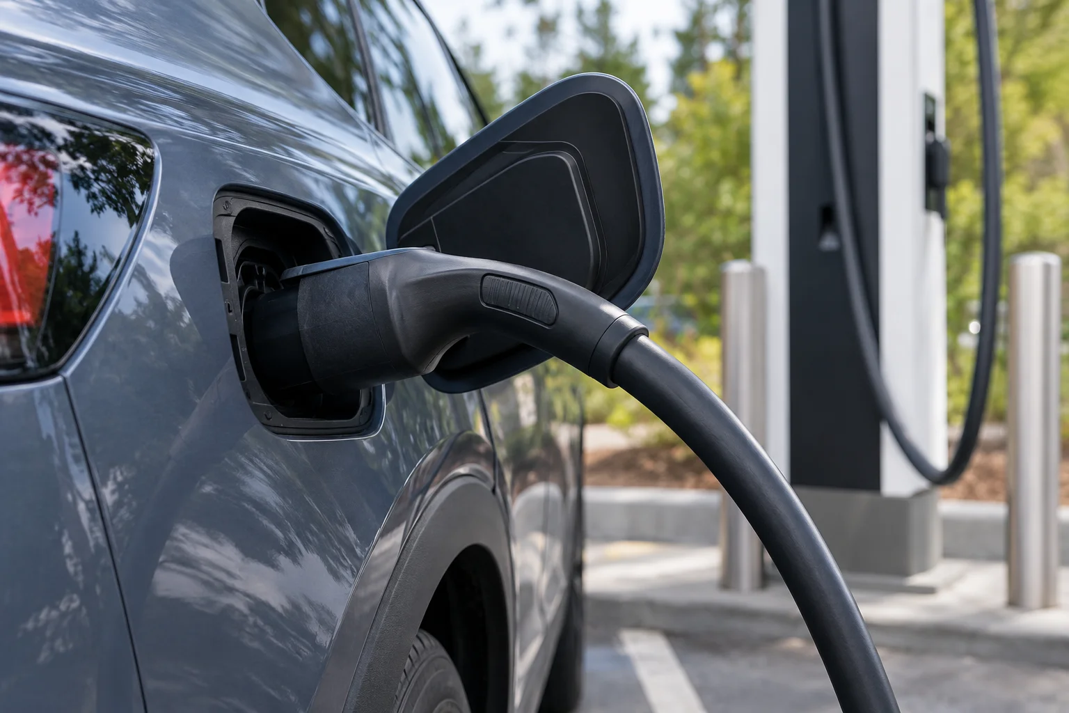 Public charging cable at the vehicle charge port