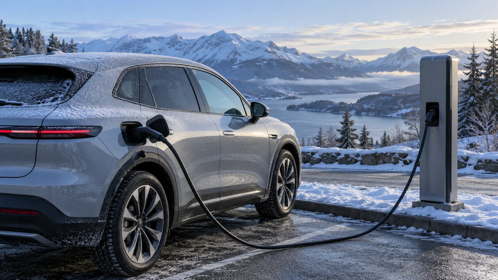Winter charging stop beside snow-covered mountains
