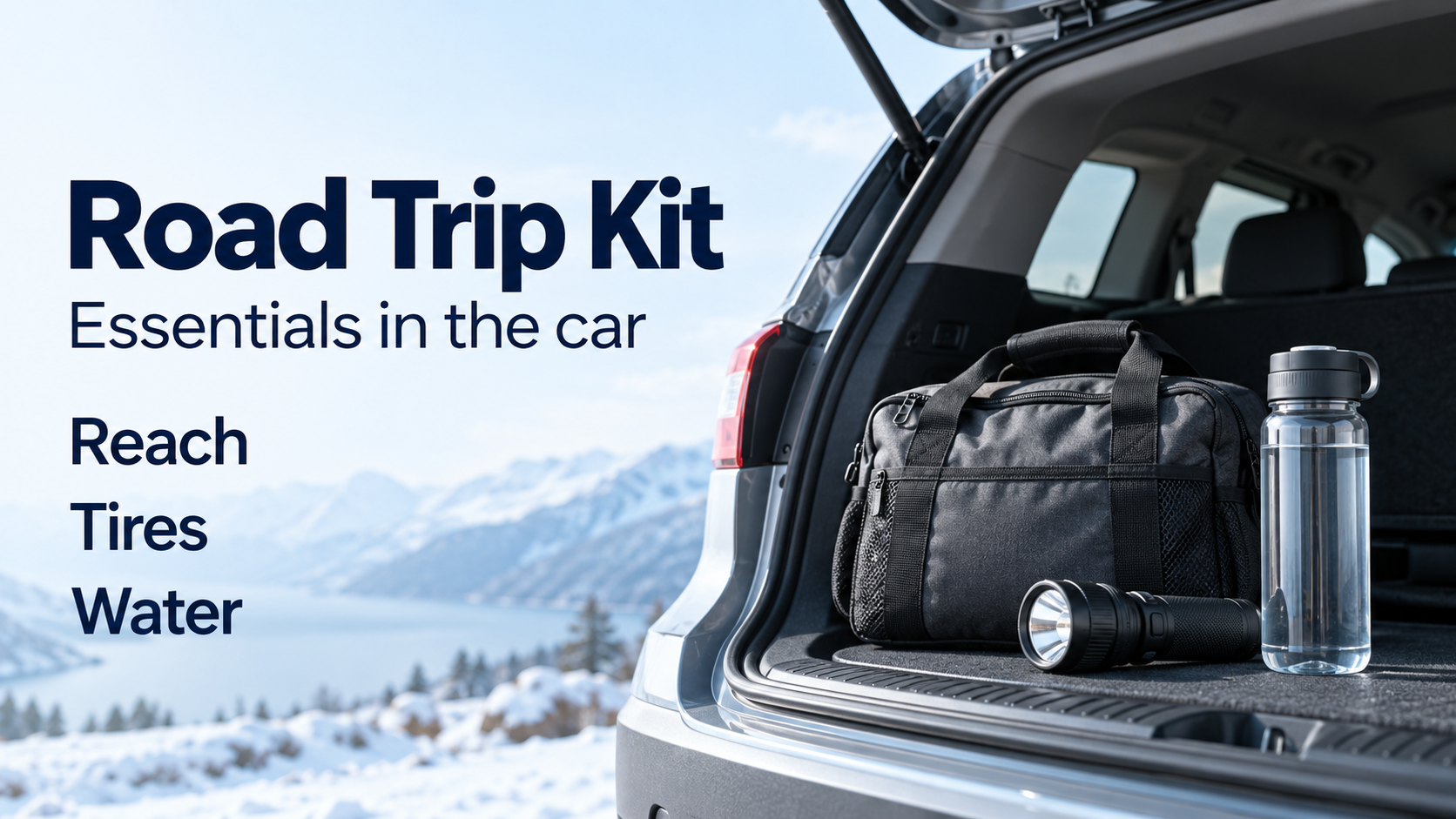 An emergency bag, flashlight and water bottle in an open hatch beside the words Road Trip Kit, Reach, Tires and Water