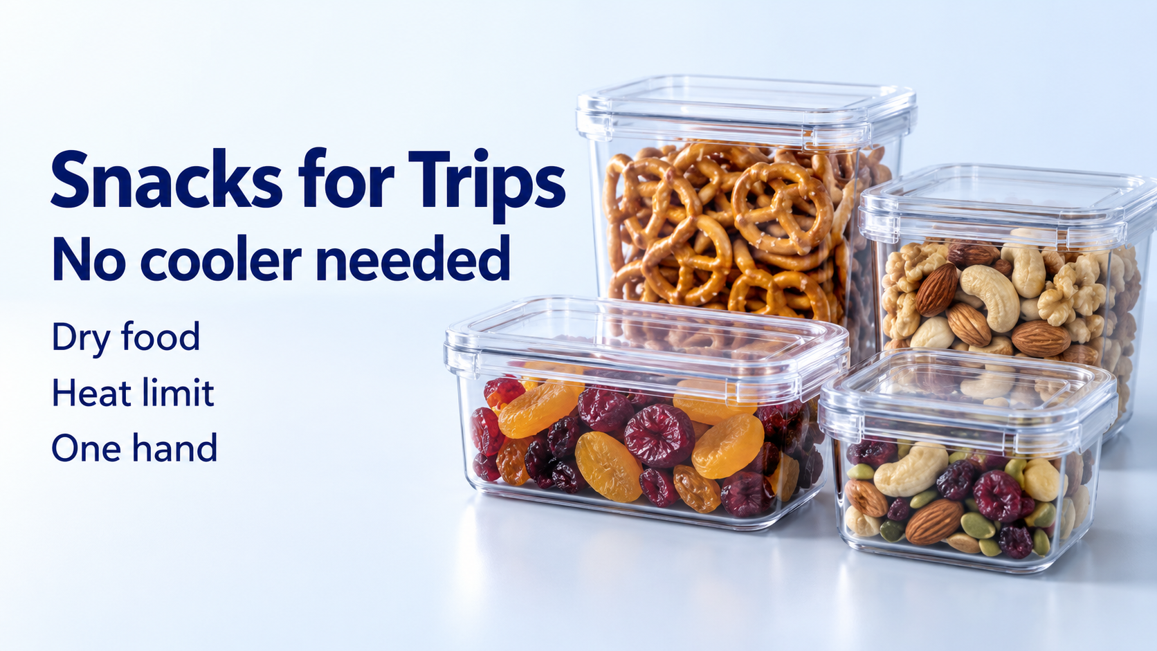 Closed containers of pretzels, nuts and dried fruit beside the words Snacks for Trips, Dry food, Heat limit and One hand